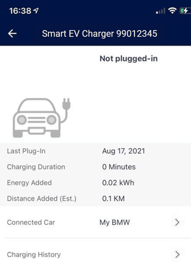 Smart EV Charger app interface showing charging status